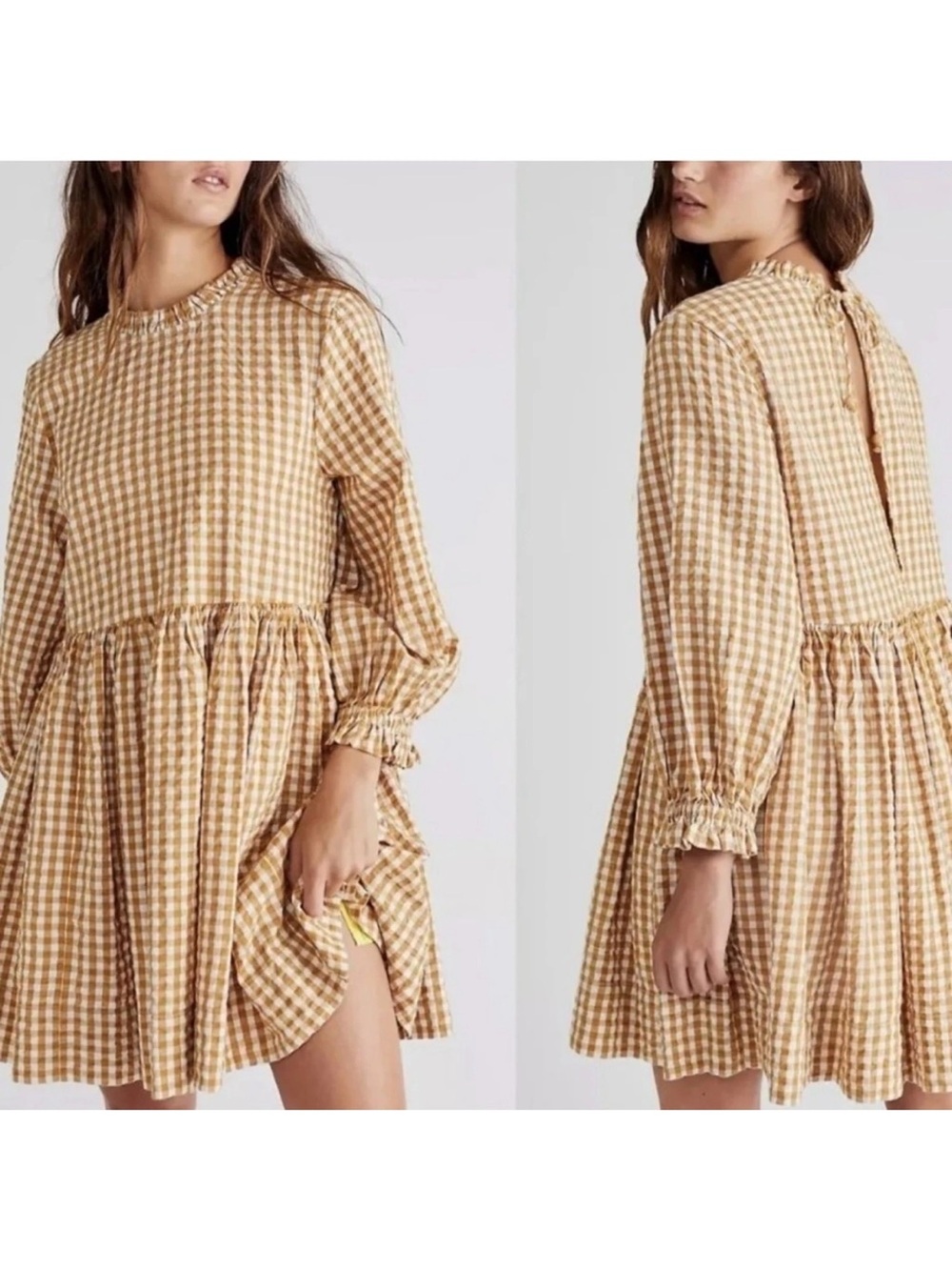 Free People Gingham Living for This Tunic Mini Dress Prairie Mustard Babydoll